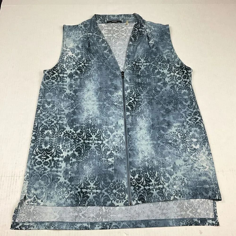 Tahari Sleeveless Full Zip Top Paisley Business Casual Stretchy Blouse Small